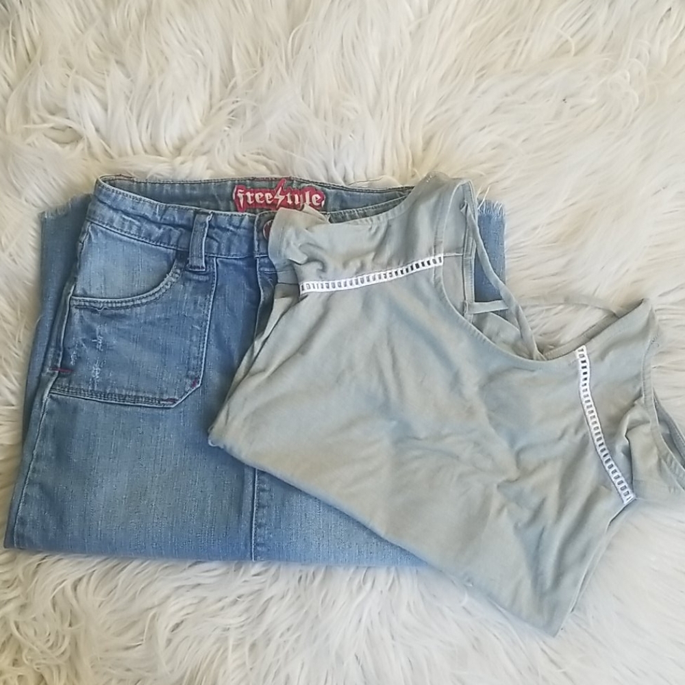 Girls' A-Line Denim Skirt & Cold Shoulder Tee 7/8